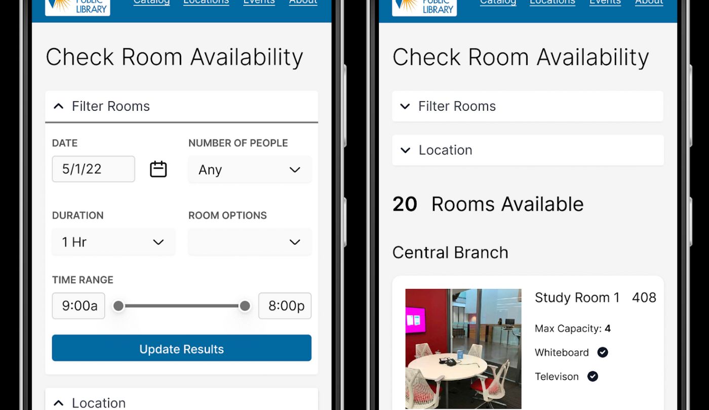 Two screenshots of the reserve a meeting room mobile website, side by side on a dark blue background.