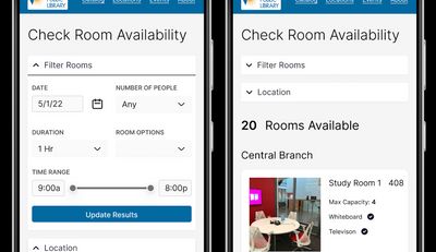 Two screenshots of the reserve a meeting room mobile website, side by side on a dark blue background.